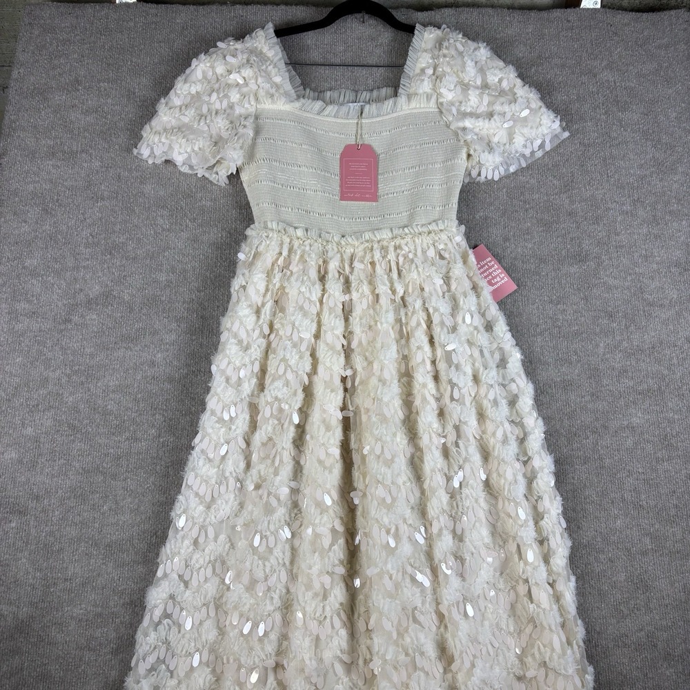 Ivy City Co Cloud Nine Sparkle Dress Ivory Sequin Smocked Maxi Women's S NWT